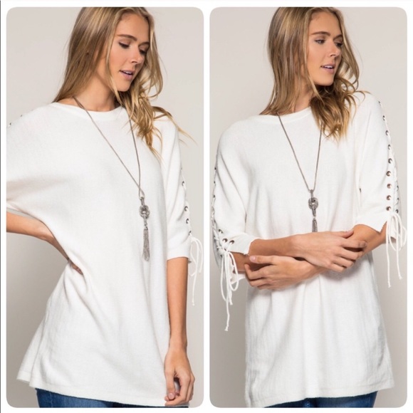 The NEW Boutique Sweaters - White Lace Up Sleeve Sweater
